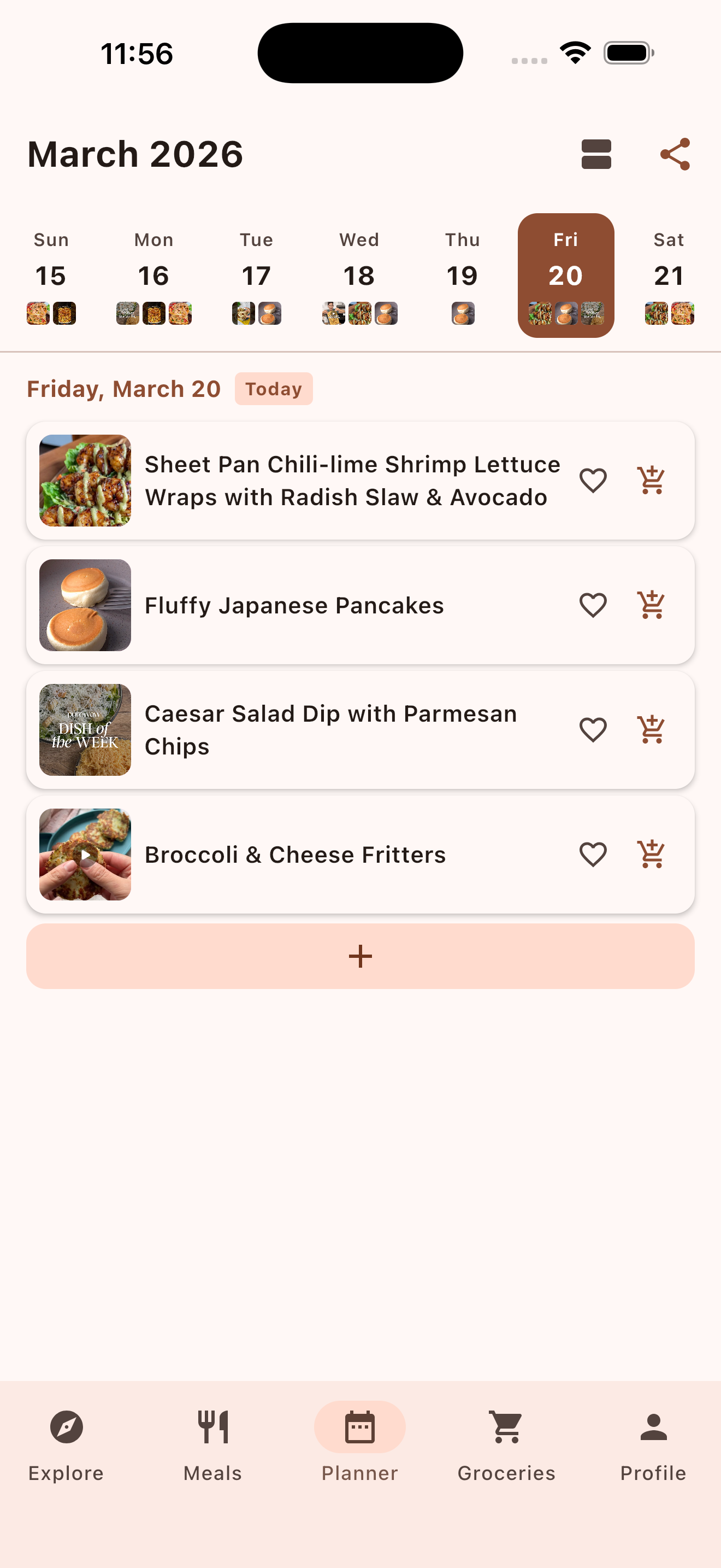 Weekly meal planner calendar