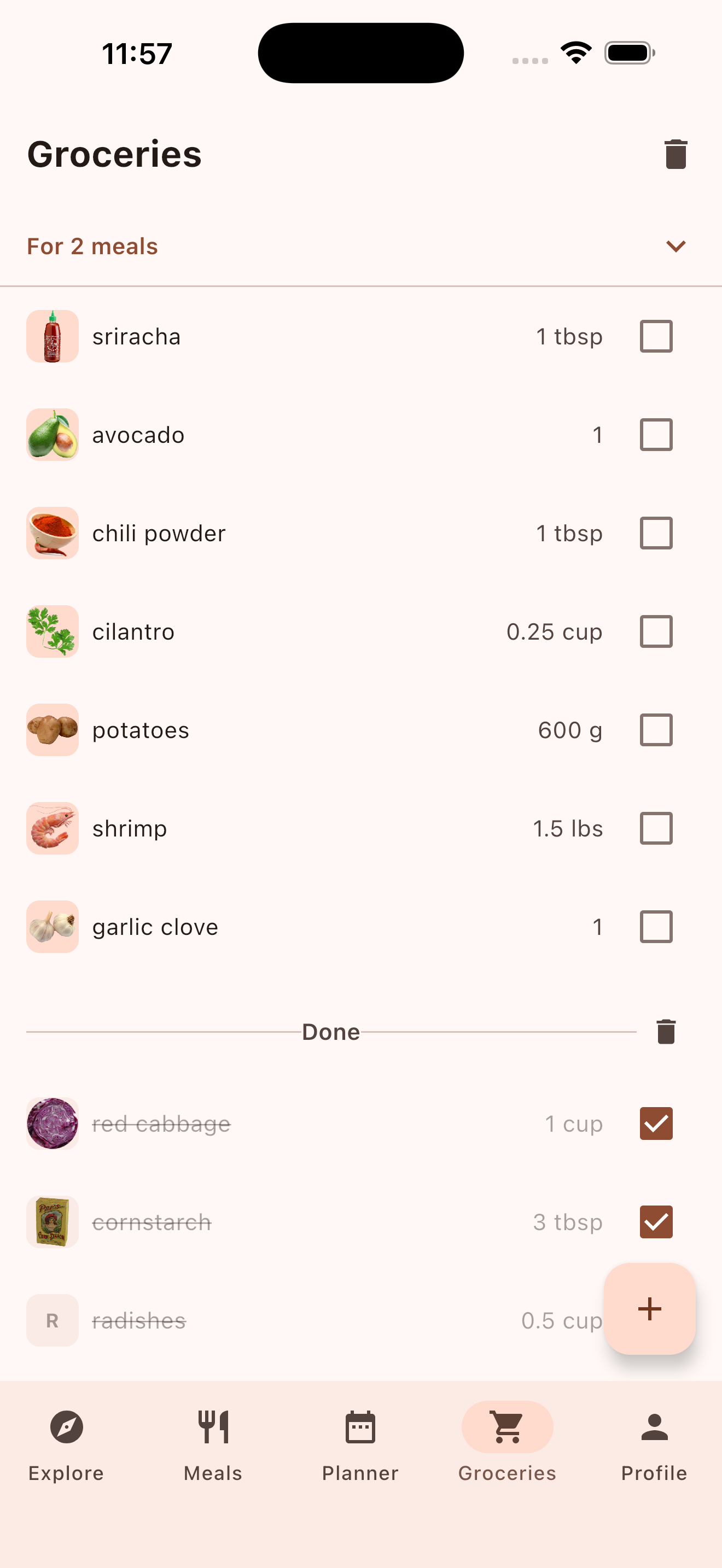 Smart grocery list auto-filled from recipes